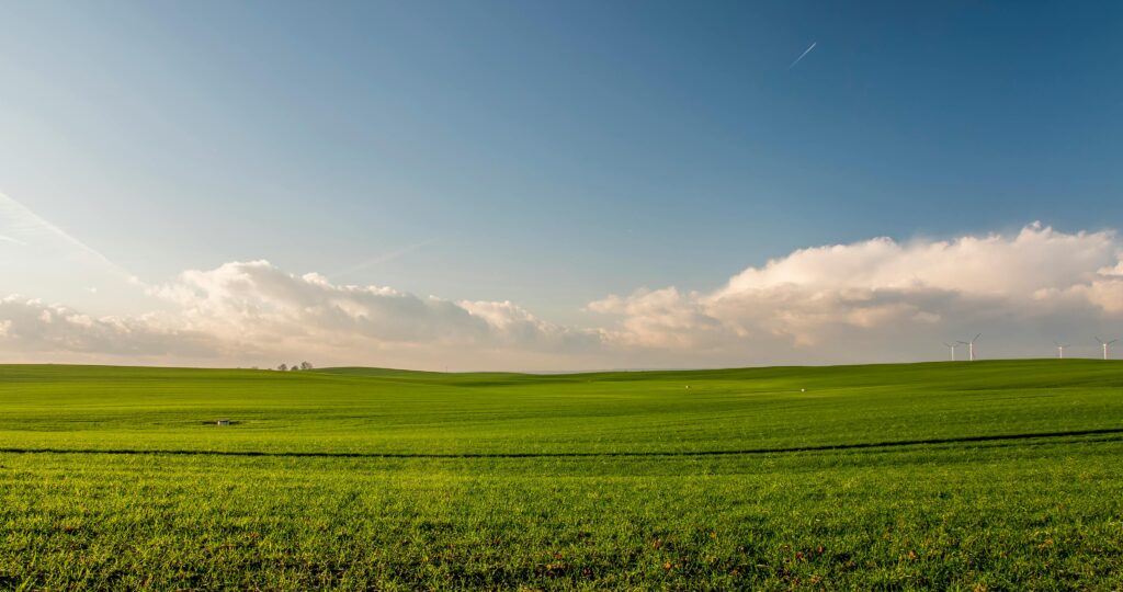 pexels photo 388415 388415 Expansive green meadow under a blue sky with wind turbines in the distance.